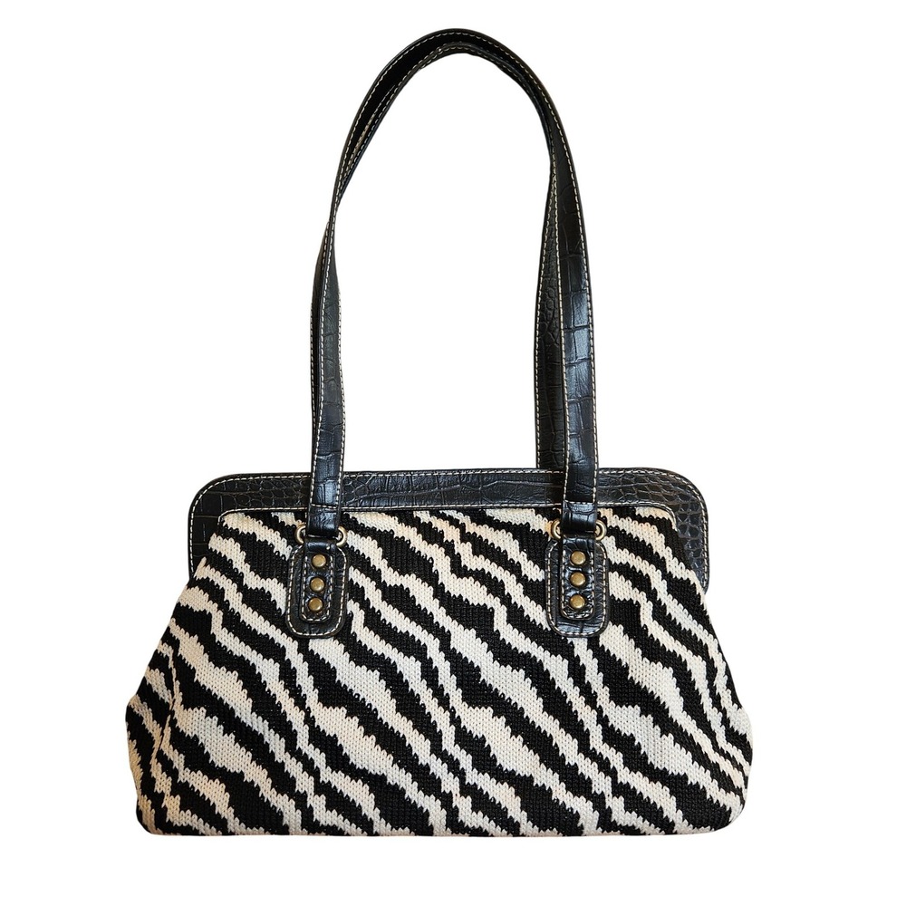 The Sak Zebra Print Crochet Shoulder Bag Black White Croc Trim Pink Lining - Picture 2 of 5